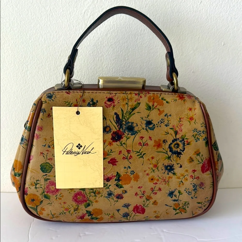 Patricia Nash Gracchi Prairie Rose Tan Framed Leather Satchel Xbody Floral
